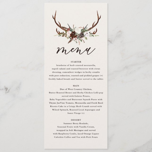 Rústico menú boda de antílamos florales y estampad (Anverso)