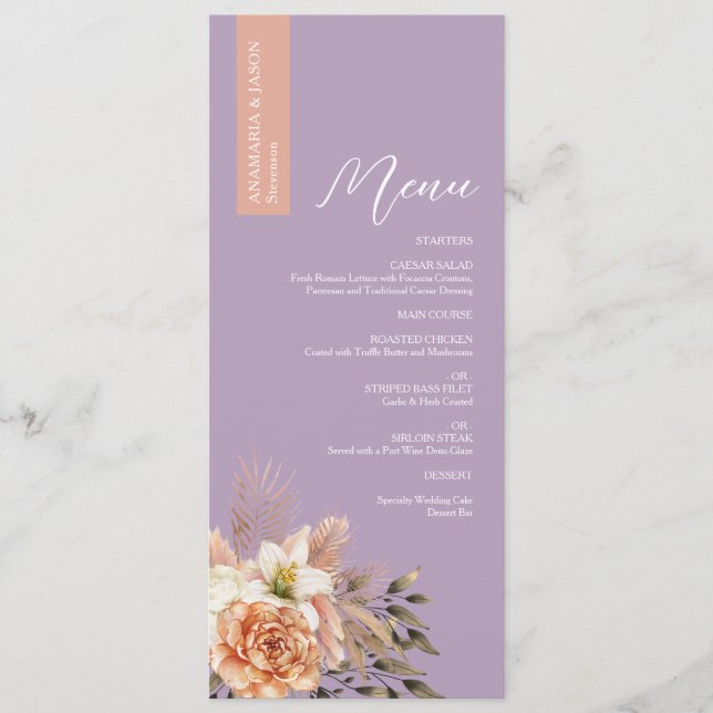 Rústico menú de Boda con flores moradas con nombre (Anverso)