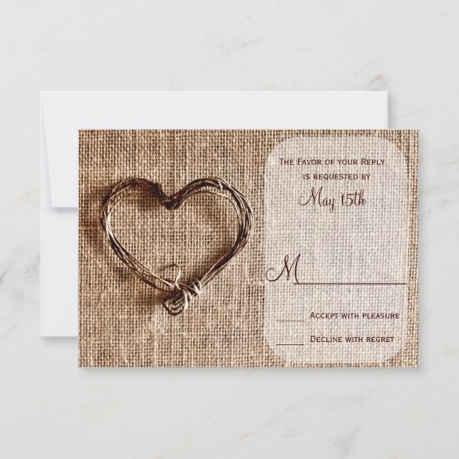Rústico País Burlap Boda Doble Corazón RSVP (Anverso)