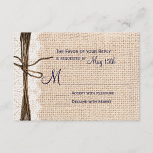 Rústico País Burlap Lace matrimonio RSVP Navy