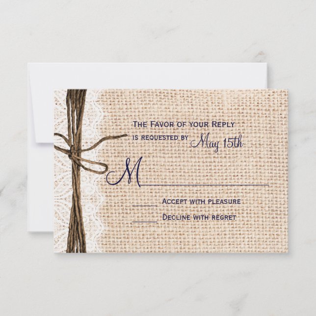 Rústico País Burlap Lace matrimonio RSVP Navy (Anverso)