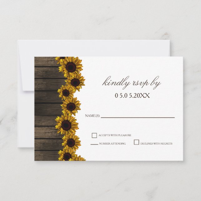 Rústico País Sunflowers Barn Wood Wedding rsvp (Anverso)