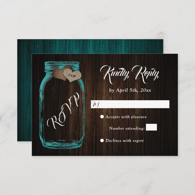Rústico País Wood Heart Mason Jar Wedding RSVP (Anverso / Reverso)