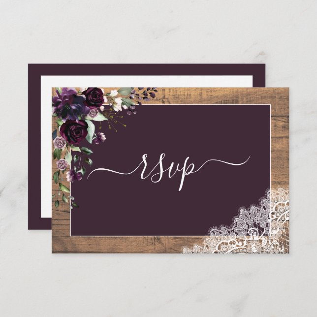Rústico Plum Purple Floral Script Lace Wood RSVP (Anverso / Reverso)