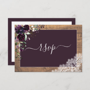 Rústico Plum Purple Floral Script Lace Wood RSVP