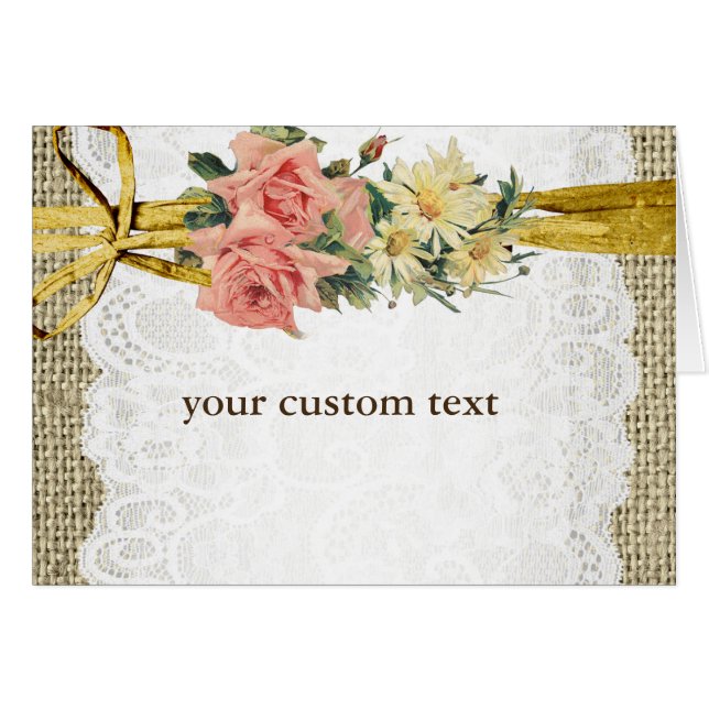 Rústico Romance Burlap & Lace Floral Fold Card (Anverso (Horizontal))