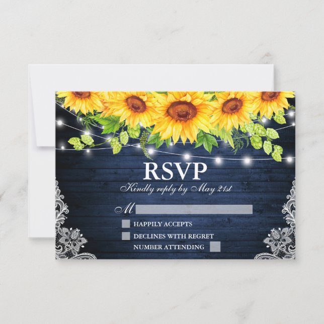 Rústico Sunflower Floral Blue Wood Luces Lace RSVP (Anverso)