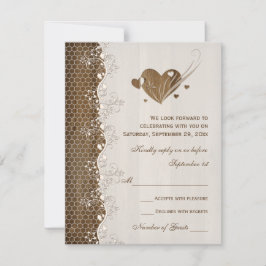Rústico Woodgrain Floral Lace Corazones Boda RSVP