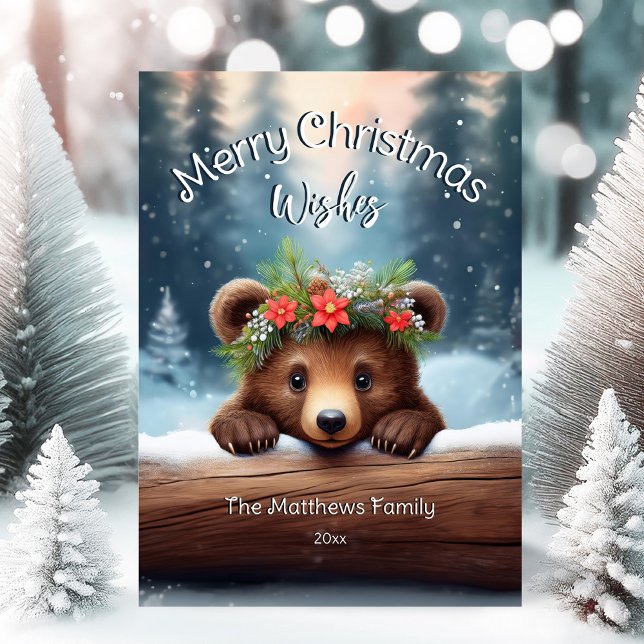 Rústico Woodland Feliz Navidad Deseos de Oso Marró (Adorable Winter Snowy Scene With Peeking Dogs or Farm/Woodland Animals - Over 50 to Choose From!)