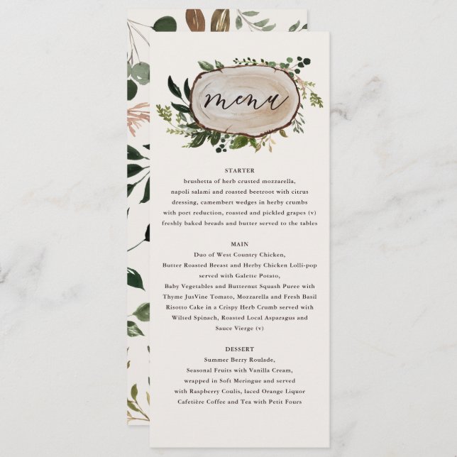Rústico y elegante menú boda de vegetación botánic (Anverso / Reverso)