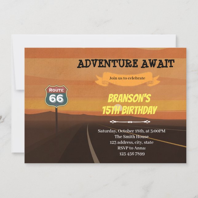 Ruta 66 cumpleaños tema Invitación (Anverso)