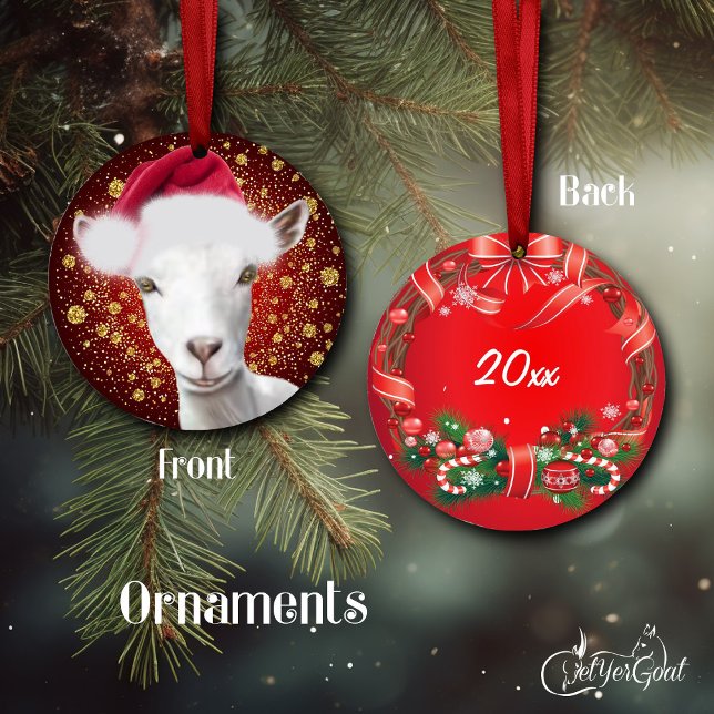 Saanen Dairy Goat Santa Hat Ornamento de Navidad (Pretty Saanen doe oil painting portrait - with gold snowflakes - dated on the back #zazzlemade)