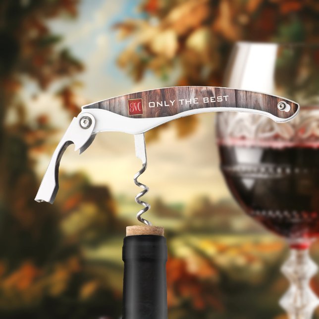 Sacacorchos Apertura del frasco de hueso de madera de monogram (A wine corkscrew bottle opener featuring a rustic wood design burgundy gold monogram text )