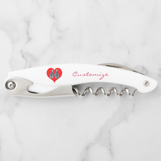 Sacacorchos Aves amorosas Pingüino Pareja Corazón Rojo Thunder (Anverso)