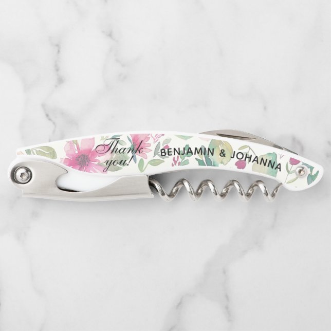 Sacacorchos Boda de acuarela floral Gracias (Anverso)