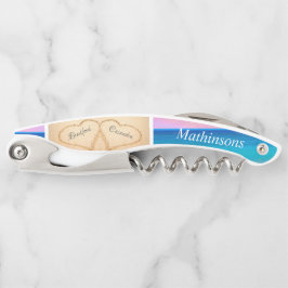 Sacacorchos Boda en la Playa con Corazones en la Arena al Atar