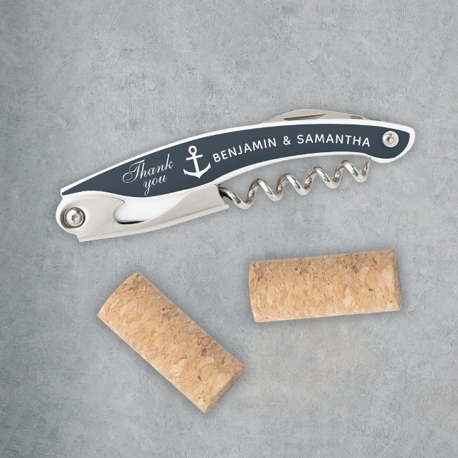 Sacacorchos Boda Náutico Gracias Por Favorecer A Personalizado (Nautical Wedding Thank You Favors Navy Blue Custom Waiter's Corkscrew
)