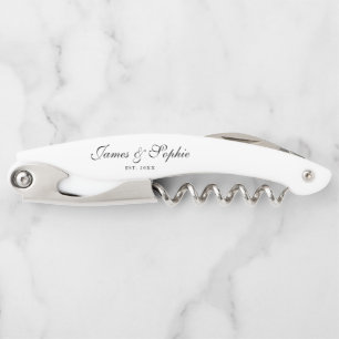 Sacacorchos Boda personalizada con guiones elegantes en blanco