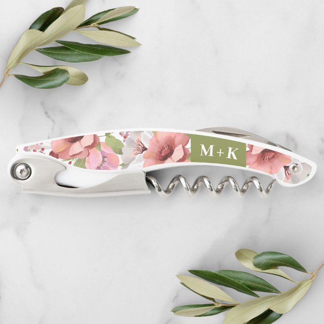 Sacacorchos Boda verde monogramado Boho acuarela floral (Subido por el creador)