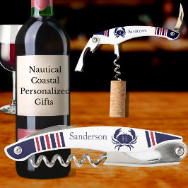 Sacacorchos Cangrejo blanco azul monogramado Nautical