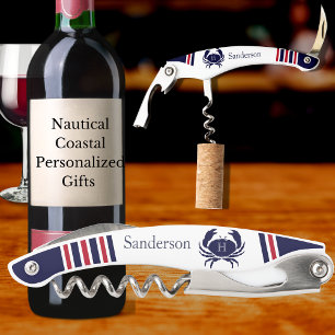 Sacacorchos Cangrejo blanco azul monogramado Nautical