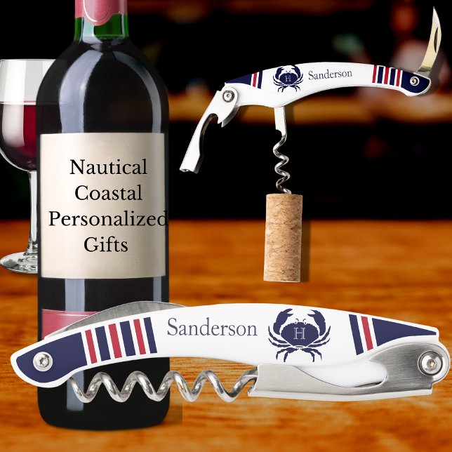 Sacacorchos Cangrejo blanco azul monogramado Nautical (Subido por el creador)