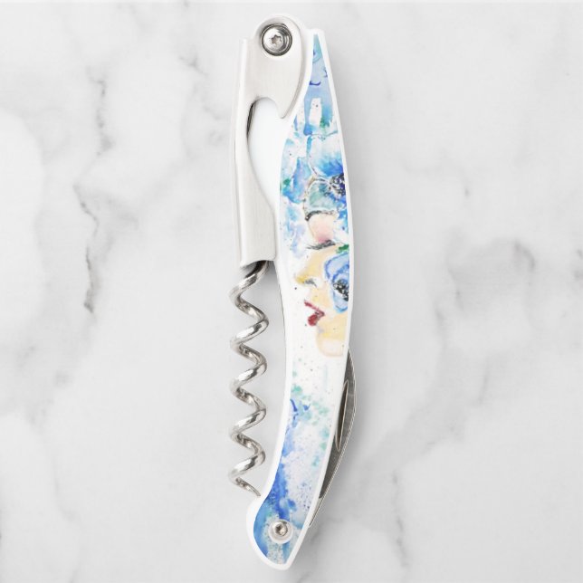 Sacacorchos Corkbolt de Waiter, mujer con flores azules (Anverso)
