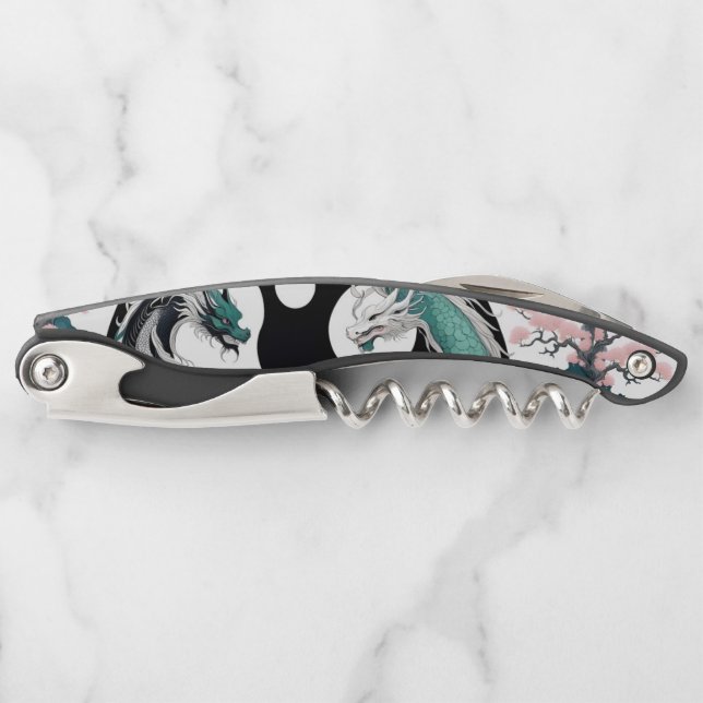 Sacacorchos Dragones Jade Floral rosa blanco negro (Anverso)