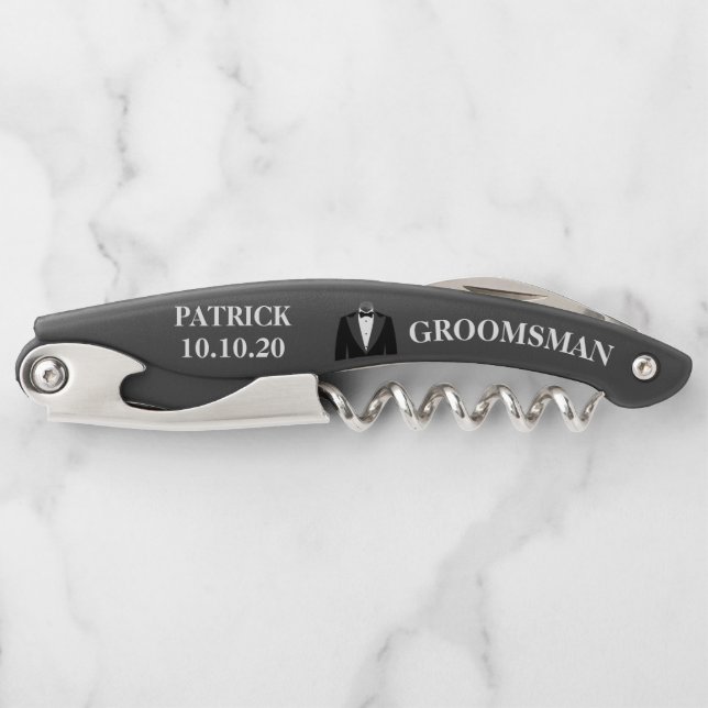 Sacacorchos El groomsman Black Bridal Party Favor del Boda Tux (Anverso)
