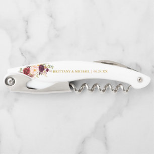 Sacacorchos Elegante acuarela Borgoña Floral Gold Boda
