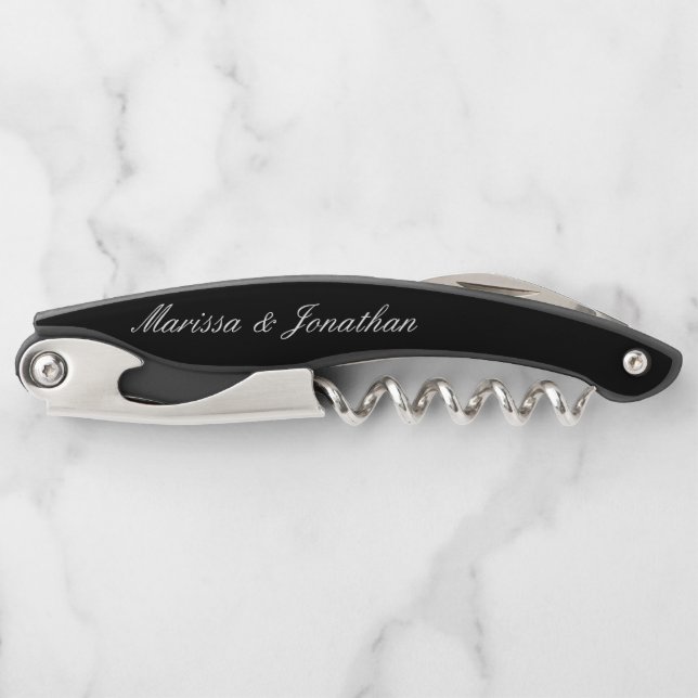Sacacorchos Elegante caligrafía de escritura blanca Boda negro (Anverso)