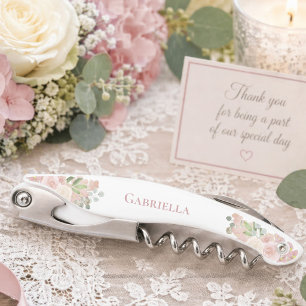 Sacacorchos Elegante Nombre Floral Acuarela Rosa Boho Boda