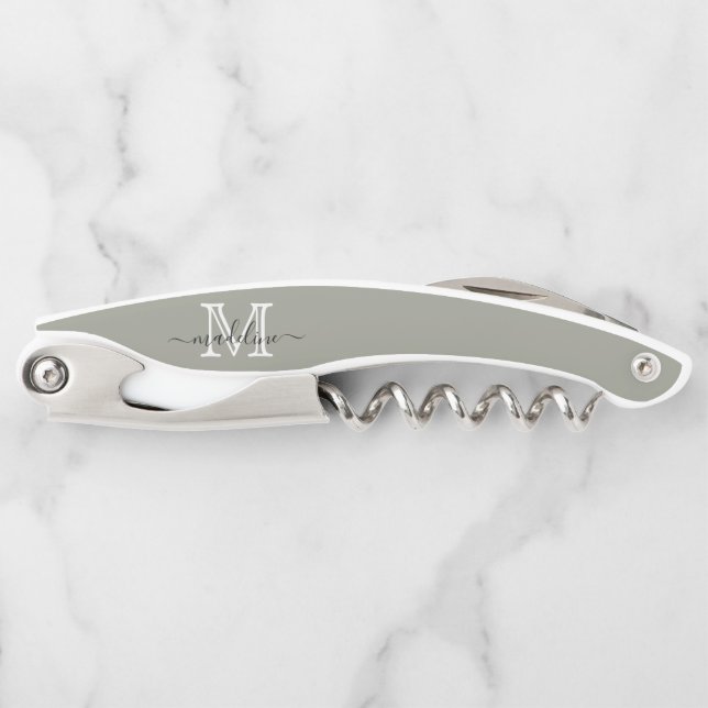Sacacorchos Elegante Script Evergreen Fog Monogram Kitchen (Anverso)