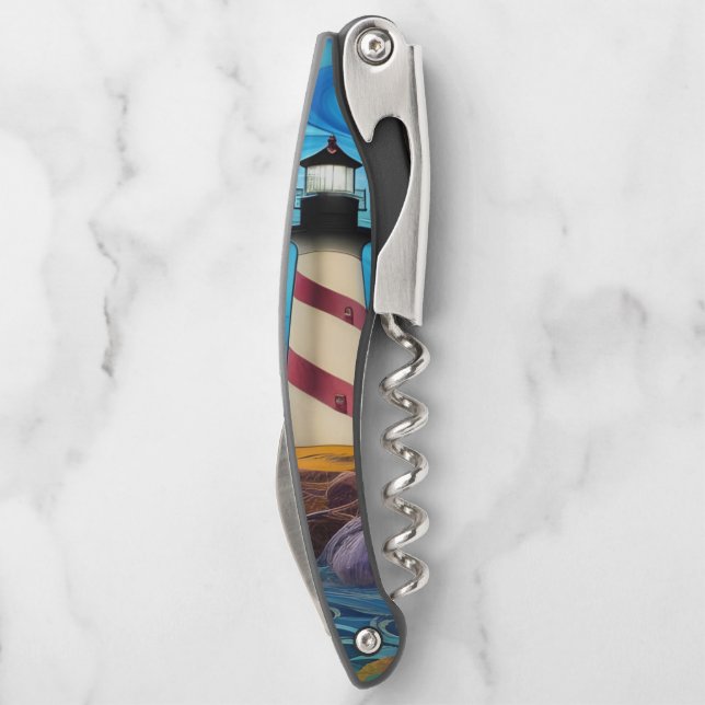 Sacacorchos faro de rayas rojas y blancas (Reverso)