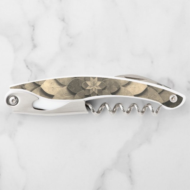 Sacacorchos Flor texturizada de arte antiguo de Mandala dorada (Anverso)