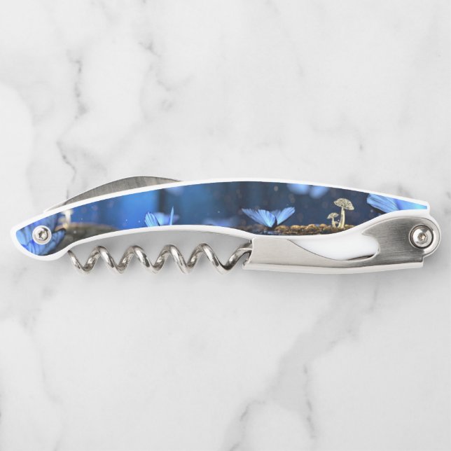 Sacacorchos Mariposa índigo y bosque de champiñones (Reverso)