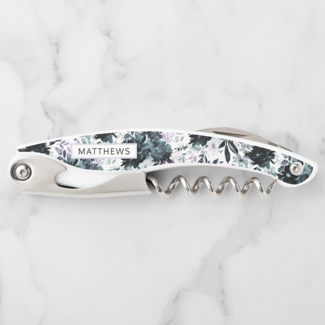 Sacacorchos Monograma del Boda azul de la Marina Floral Noctur (Anverso)