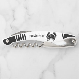 Sacacorchos Náutica monogramada de cangrejo negro y blanco