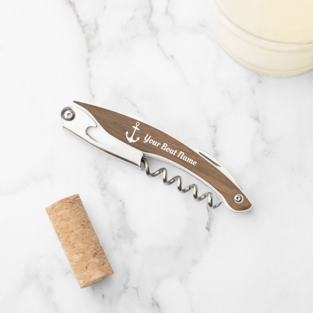 Sacacorchos Nautical Brown Wood Grain Personalized Bote Name (Anverso)