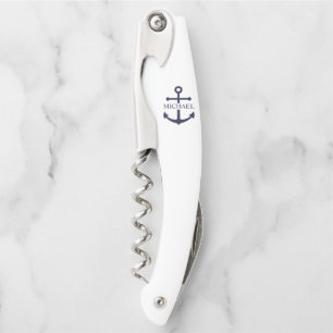 Sacacorchos Nautical Navy Blue Anchor Nombre Personalizado