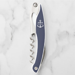 Sacacorchos Nautical Navy Blue Anchor Nombre Personalizado
