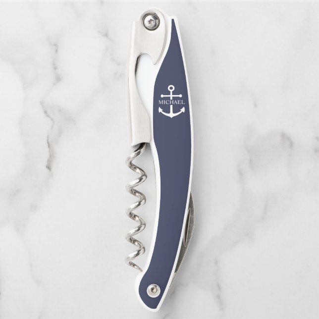 Sacacorchos Nautical Navy Blue Anchor Nombre Personalizado (Anverso)