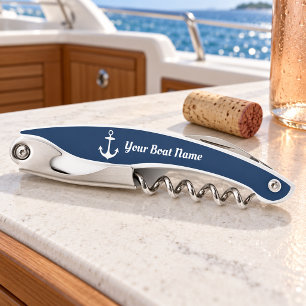 Sacacorchos Nautical Navy Blue Nombre del barco personalizado