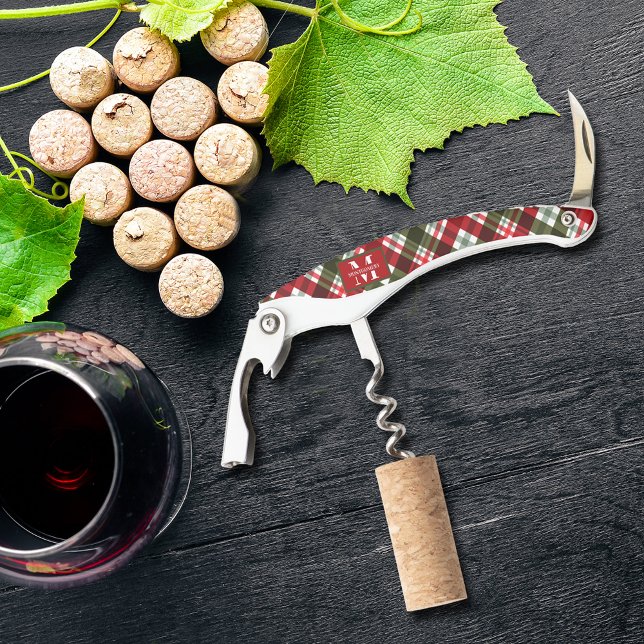 Sacacorchos Navidades Monogramas Familiares (Monogrammed family name Christmas plaid corkscrew)