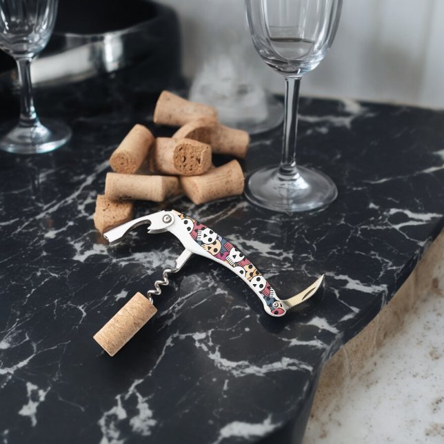 Sacacorchos Patrón de calaveras multicolor (Corkscrew Bottle Opener)