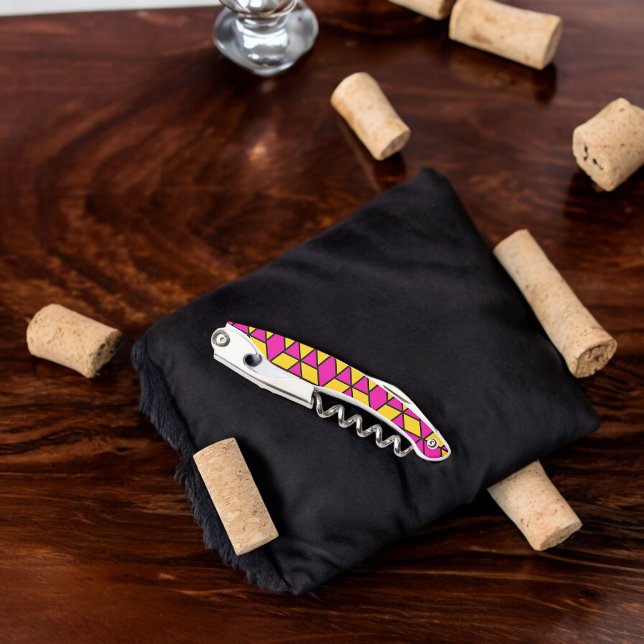 Sacacorchos Patrón de triángulos rosa y amarillo (Corkscrew Bottle Opener)
