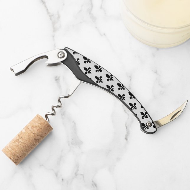 Sacacorchos Patrón Fleur de Lis, francés real, negro sobre bla (Anverso)