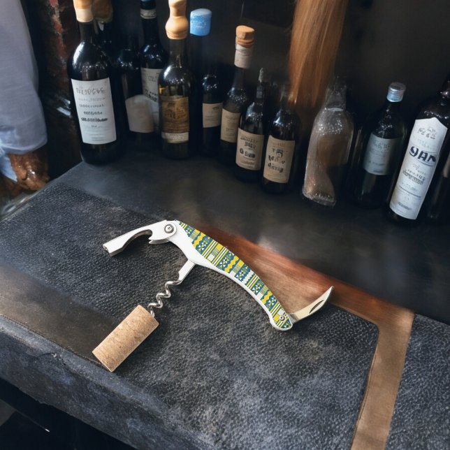 Sacacorchos Patrón tribal tradicional azul verde (Corkscrew Bottle Opener)