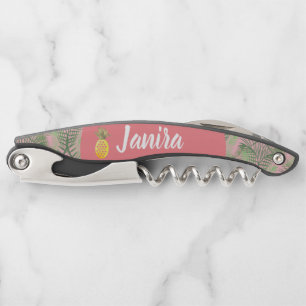 Sacacorchos Piña Acuarela Rosa Tropical Nombre Personalizado
