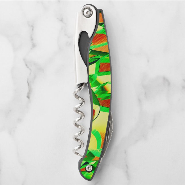 Sacacorchos Rasgos verdes sobre la imagen roja con llovizna (Anverso)